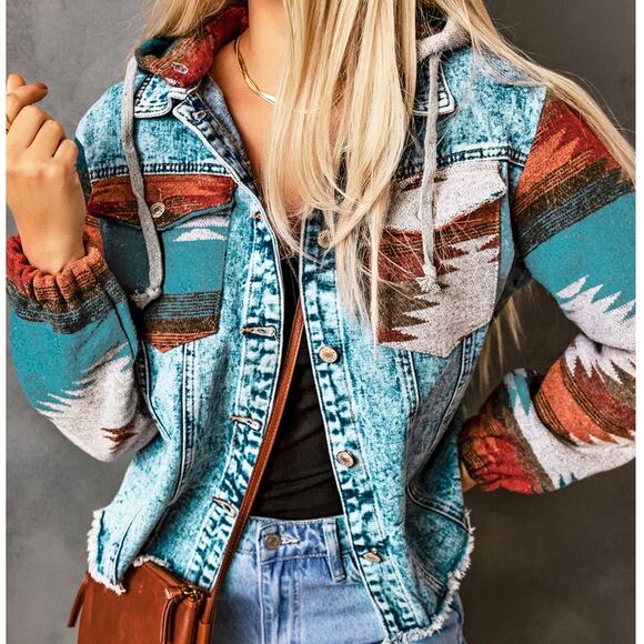 Beautiful Multicolor Aztec Print Frayed Hem Denim Jacket - Picture 4 of 8